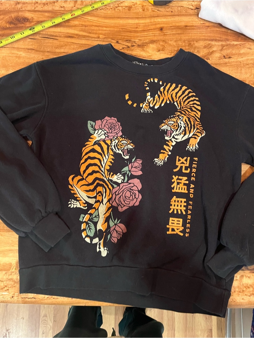 Fifth Sun Black Sweatshirt with Orange Tigers and Pink Roses
